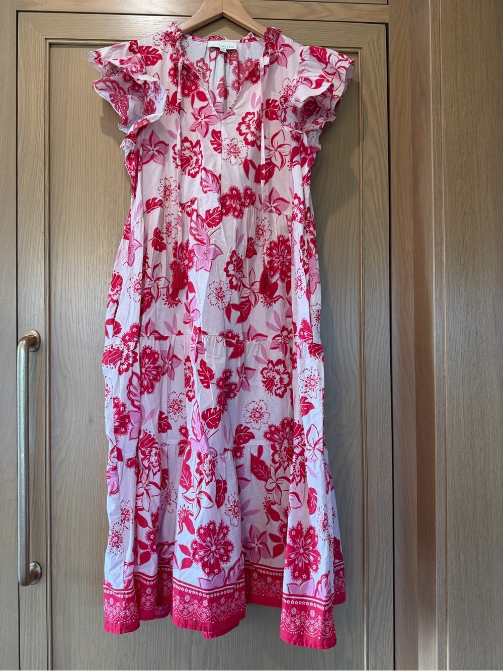 Pinch Pink and Red Floral Maxi Dress Cotton Tassle Tie Front Tiered / medium